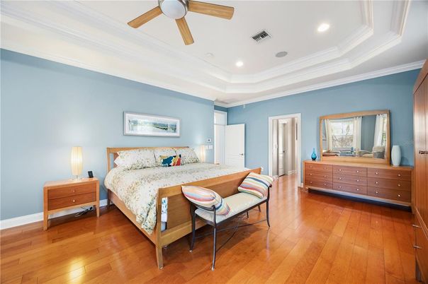 Bedroom, Interior, Recessed Lighting, Wood Texture Flooring
