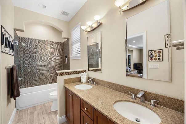 Bathroom, Dual Sink Vanities, Interior, Recessed Lighting, Wood Texture Flooring