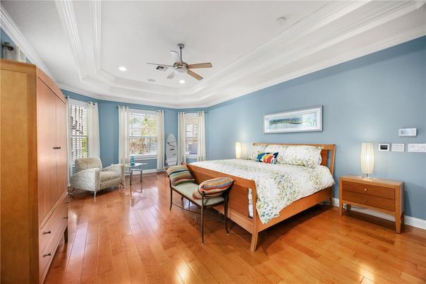 Bedroom, Interior, Recessed Lighting, Wood Texture Flooring