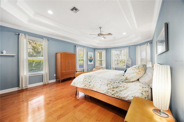 Bedroom, Interior, Recessed Lighting, Wood Texture Flooring