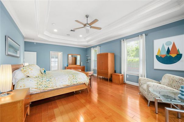 Bedroom, Interior, Recessed Lighting, Wood Texture Flooring