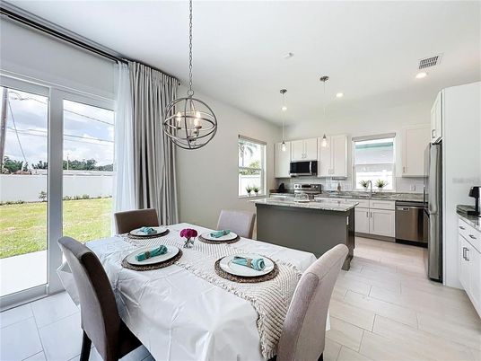 Dining room, Interior, Kitchen, Pendant Lights, Recessed Lighting, Stainless Steel Appliances