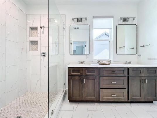 Bathroom, Dual Sink Vanities, Glass Shower, Interior, Marble, Marble Walls