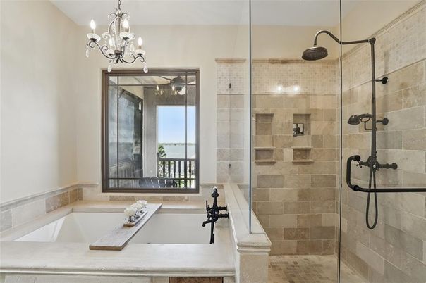 Bathroom, Chandelier, Glass Shower, Interior, Stone Walls