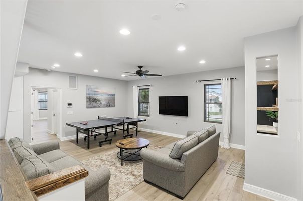 Game Room, Interior, Living room, Recessed Lighting, Wood Texture Flooring