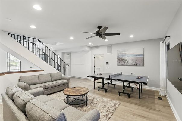 Game Room, Interior, Recessed Lighting, Wood Texture Flooring