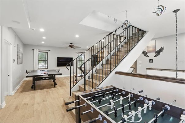 Billiard Table, Game Room, Interior, Recessed Lighting, Wood Texture Flooring