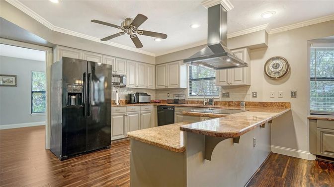 Interior, Kitchen, Recessed Lighting, Stainless Steel Appliances, Wood Texture Flooring