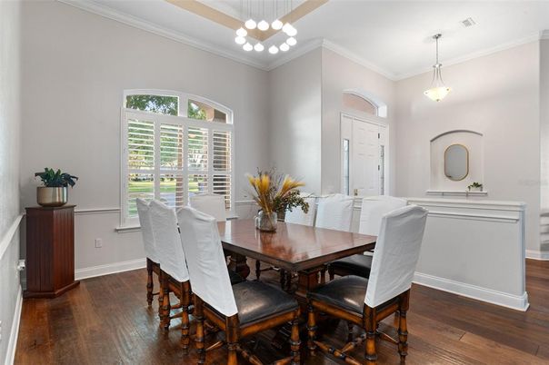 Dining room, Interior, Pendant Lights, Wood Texture Flooring