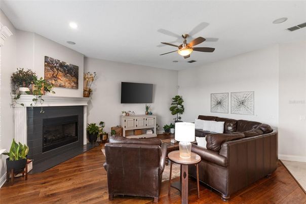 Fireplace, Interior, Living room, Recessed Lighting, Wood Texture Flooring