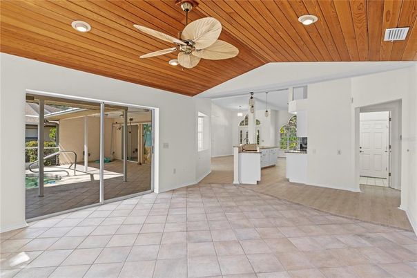 Empty room, Interior, Kitchen, Pendant Lights, Recessed Lighting, Wooden Ceilings