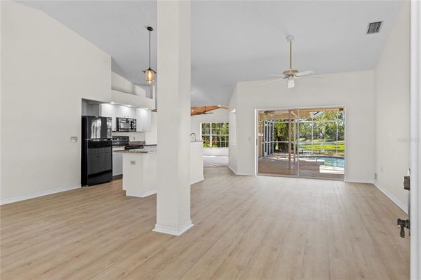 Interior, Kitchen, Pendant Lights, Stainless Steel Appliances, Wood Texture Flooring