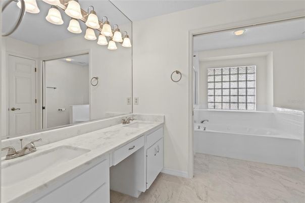 Bathroom, Dual Sink Vanities, Interior, Marble, Recessed Lighting