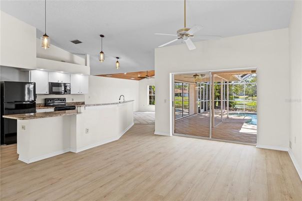Interior, Kitchen, Pendant Lights, Stainless Steel Appliances, Wood Texture Flooring