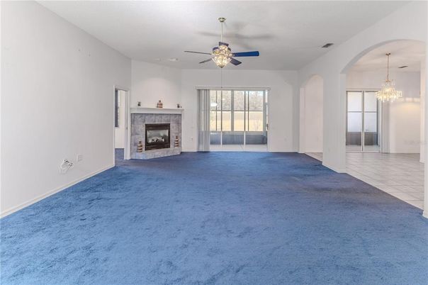 Chandelier, Empty room, Fireplace, Interior