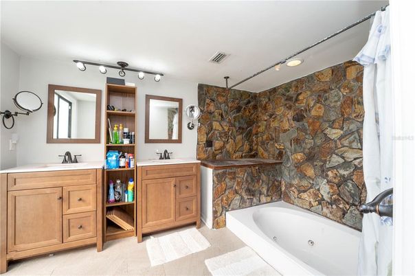 Bathroom, Dual Sink Vanities, Interior, Stone Walls