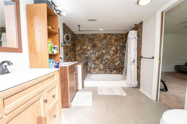 Bathroom, Interior, Recessed Lighting, Stone Walls