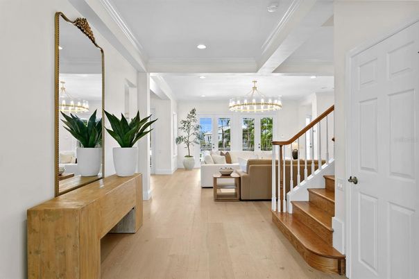Chandelier, Interior, Living room, Recessed Lighting, Wood Texture Flooring