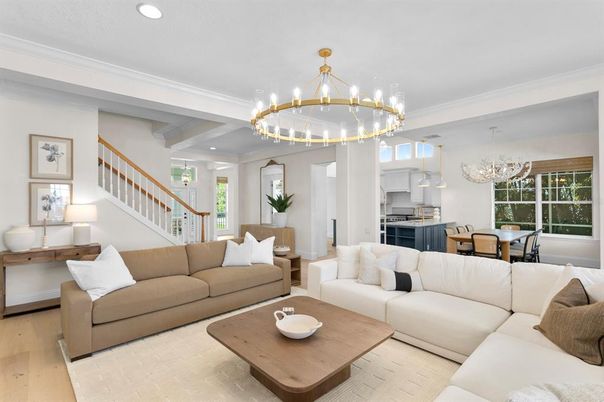 Chandelier, Dining room, Interior, Kitchen, Living room, Pendant Lights, Recessed Lighting, Wood Texture Flooring