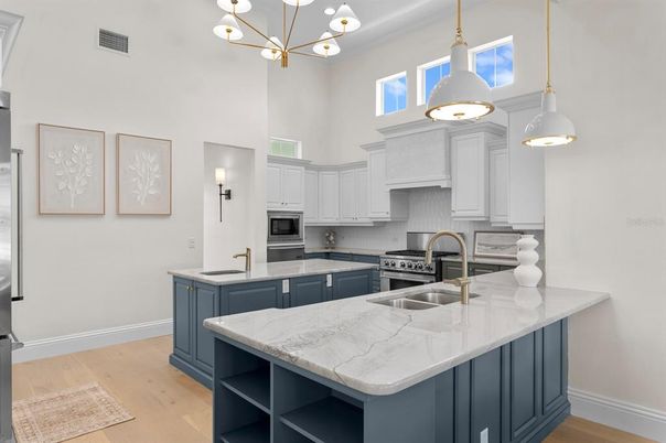 Interior, Kitchen, Pendant Lights, Stainless Steel Appliances, Wood Texture Flooring