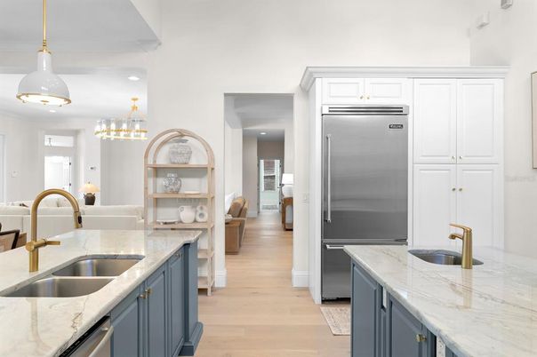 Chandelier, Interior, Kitchen, Pendant Lights, Recessed Lighting, Stainless Steel Appliances, Wood Texture Flooring