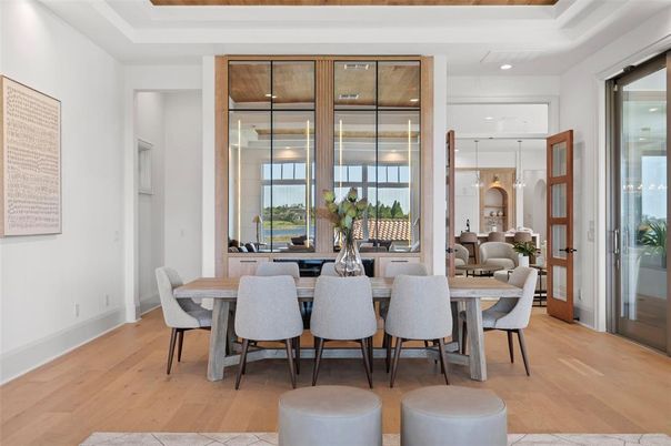 Dining room, Interior, Pendant Lights, Recessed Lighting, Wood Texture Flooring
