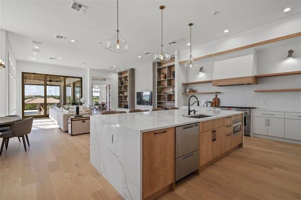 Interior, Kitchen, Living room, Pendant Lights, Recessed Lighting, Stainless Steel Appliances, Wood Texture Flooring