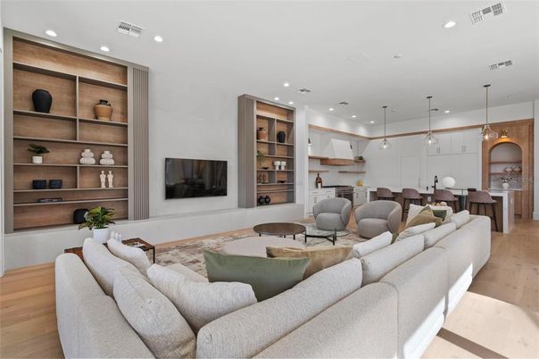 Dining room, Fireplace, Interior, Kitchen, Living room, Pendant Lights, Recessed Lighting, Wood Texture Flooring