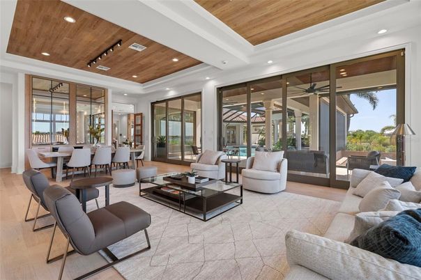 Dining room, Interior, Living room, Recessed Lighting, Wooden Ceilings, Wood Texture Flooring