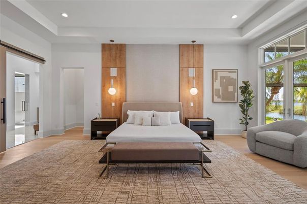 Bedroom, Interior, Pendant Lights, Recessed Lighting, Wood Texture Flooring, Wooden Walls