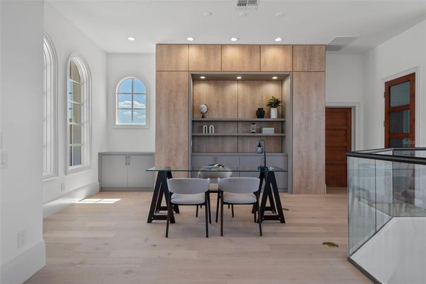 Dining room, Interior, Recessed Lighting, Wood Texture Flooring
