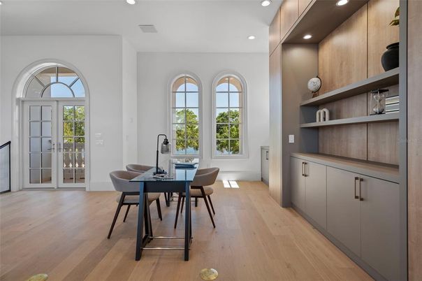 Dining room, Interior, Recessed Lighting, Wood Texture Flooring