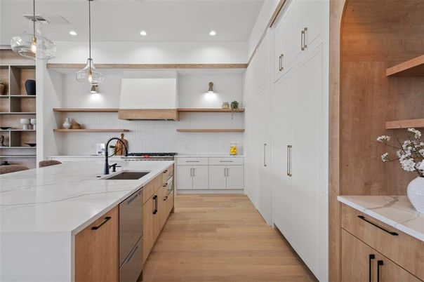 Interior, Kitchen, Pendant Lights, Recessed Lighting, Stainless Steel Appliances, Wood Texture Flooring