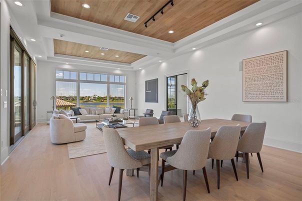 Dining room, Interior, Living room, Recessed Lighting, Wooden Ceilings, Wood Texture Flooring