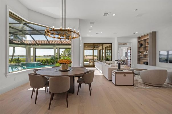 Chandelier, Dining room, Interior, Living room, Pendant Lights, Recessed Lighting, Wood Texture Flooring