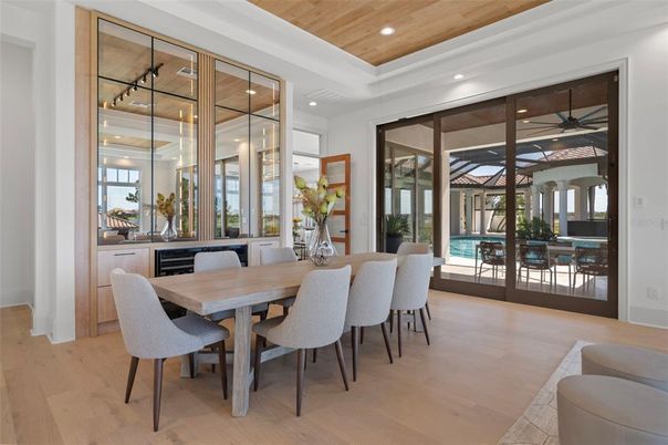 Dining room, Interior, Recessed Lighting, Wooden Ceilings, Wood Texture Flooring