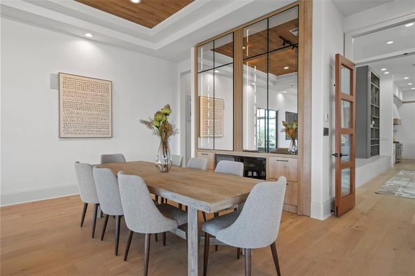 Dining room, Interior, Recessed Lighting, Wooden Ceilings, Wood Texture Flooring