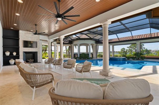 Fireplace, Glass Ceilings, Interior, Living room, Pool, Recessed Lighting, Sun Room, Wooden Ceilings