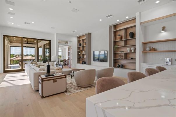 Dining room, Interior, Living room, Recessed Lighting, Wood Texture Flooring