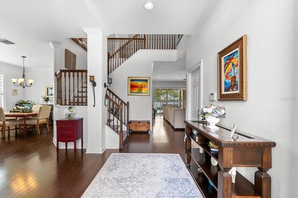 Chandelier, Dining room, Interior, Recessed Lighting, Wood Texture Flooring