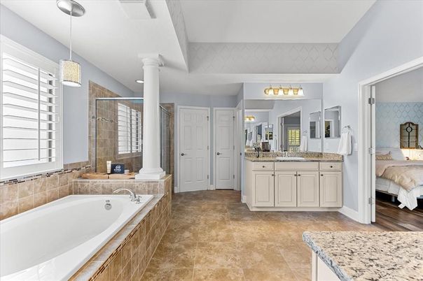 Bathroom, Bedroom, Dual Sink Vanities, Glass Shower, Interior, Pendant Lights, Recessed Lighting