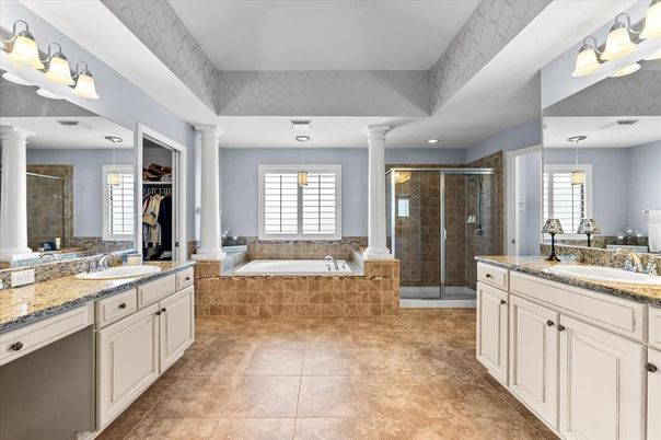 Bathroom, Dual Sink Vanities, Glass Shower, Interior, Pendant Lights, Recessed Lighting
