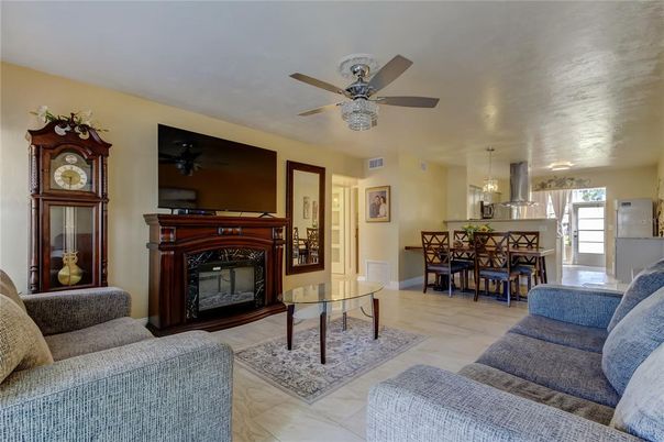 Dining room, Fireplace, Interior, Kitchen, Living room, Pendant Lights