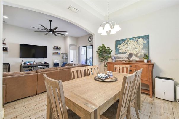 Dining room, Interior, Living room, Pendant Lights, Recessed Lighting, Wood Texture Flooring