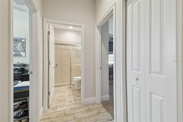 Bathroom, Glass Shower, Interior, Recessed Lighting, Wood Texture Flooring