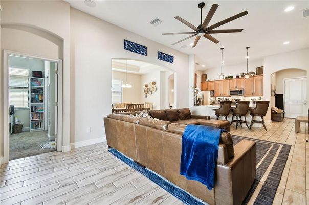 Interior, Kitchen, Living room, Pendant Lights, Recessed Lighting, Wood Texture Flooring