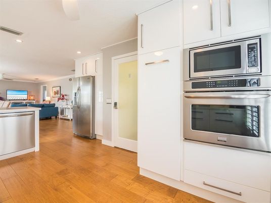 Interior, Kitchen, Living room, Recessed Lighting, Stainless Steel Appliances, Wood Texture Flooring