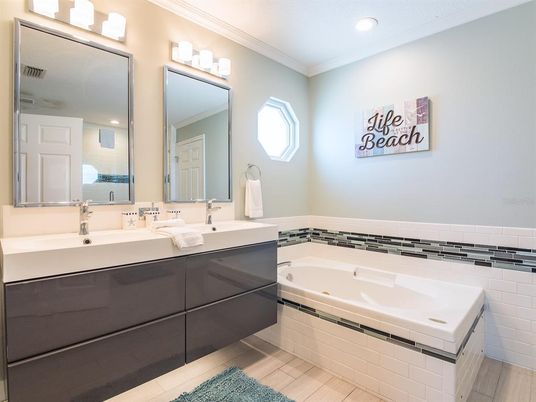 Bathroom, Dual Sink Vanities, Interior, Recessed Lighting, Wood Texture Flooring