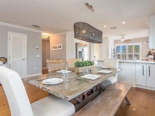 Dining room, Interior, Pendant Lights, Recessed Lighting, Wood Texture Flooring
