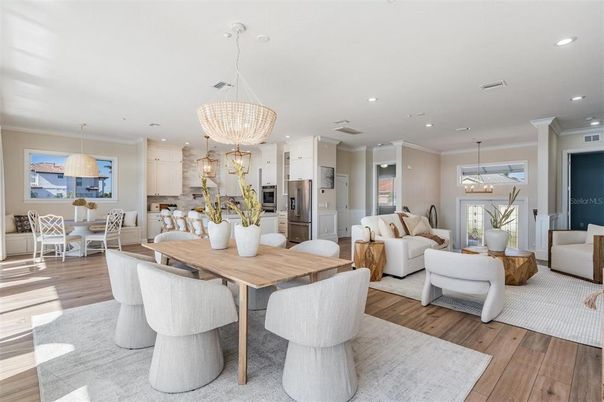 Dining room, Interior, Kitchen, Living room, Pendant Lights, Recessed Lighting, Stainless Steel Appliances, Wood Texture Flooring